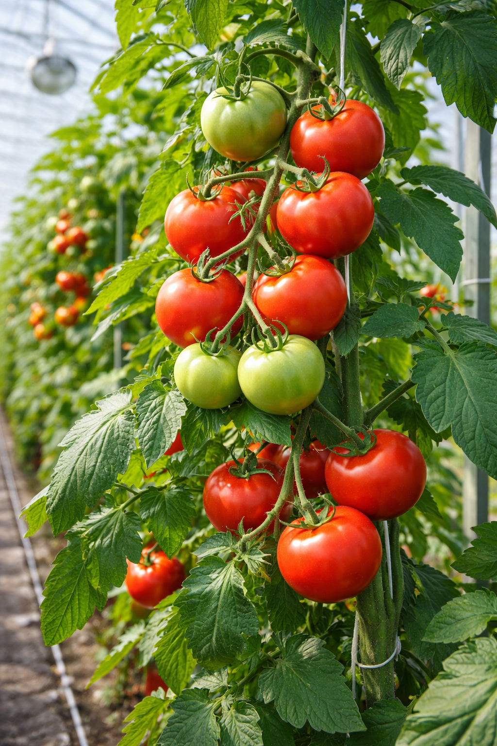 Tomato plants growing in a greenhouse