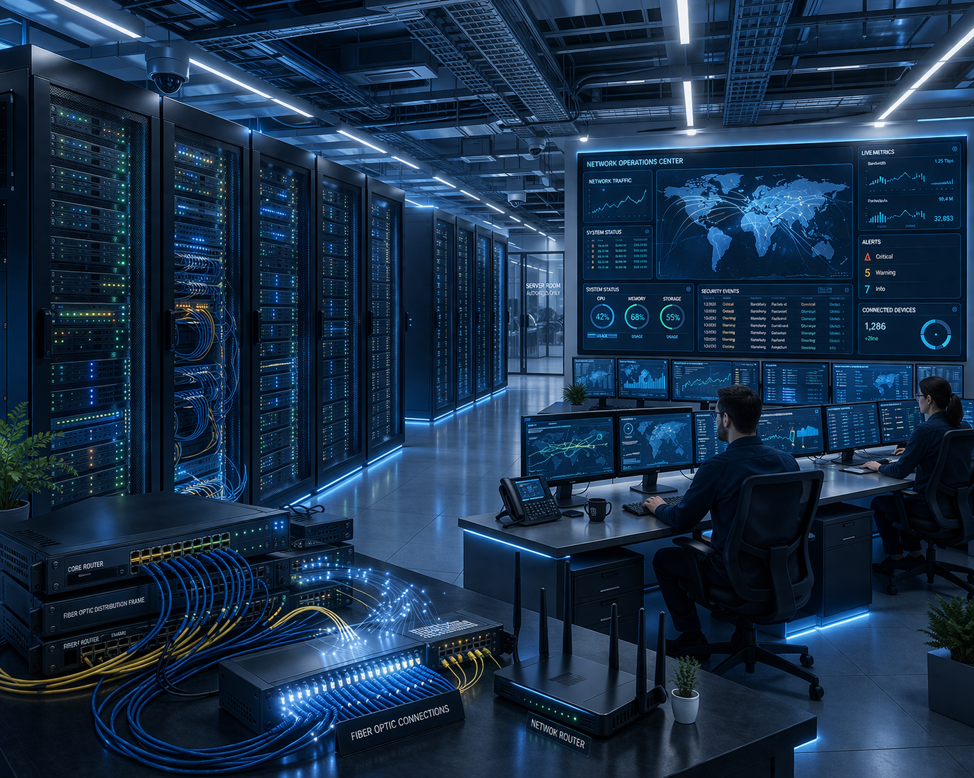 Server room monitoring workspace for business technology support