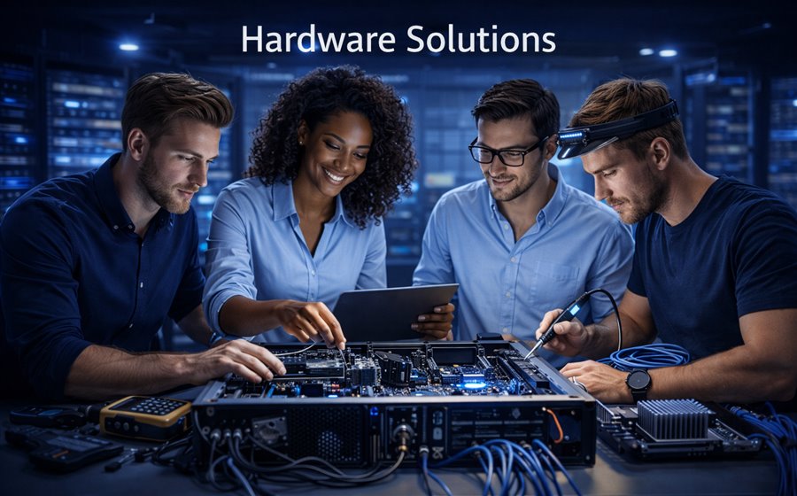 Technicians working with server hardware and IT equipment